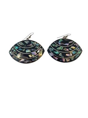 Vintage Alpaca Mexico Abalone Shell Earrings Boho Statement Dangle Y2K Artisanal